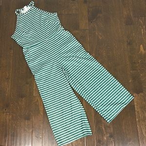 Hunter Green & White Stripe Stretchy Romper Small with belt